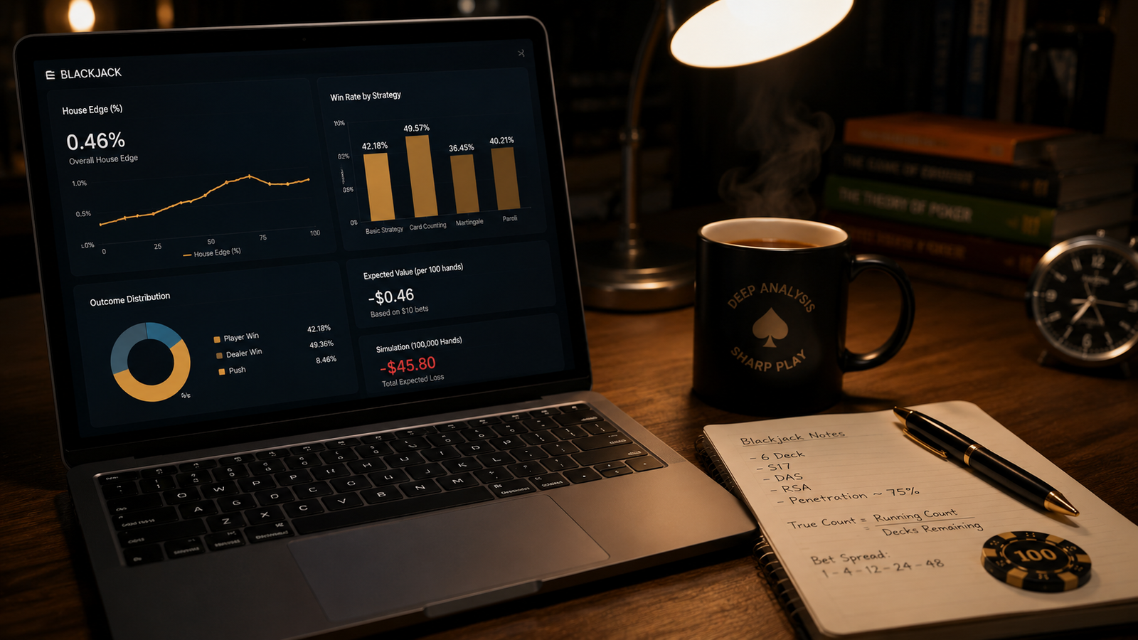 Analytical player reviewing casino game data and probability charts