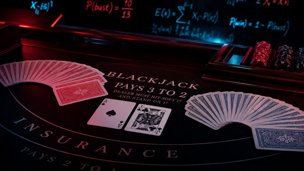 Two decks of blackjack cards on a dark felt table showing a 3 to 2 payout comparison