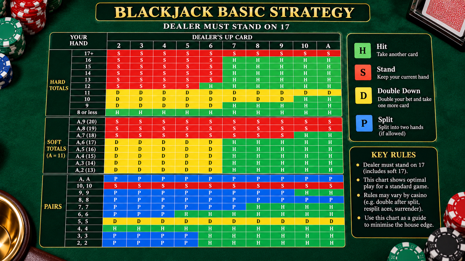 Close-up of a blackjack basic strategy chart focusing on hard hand hit and stand rules