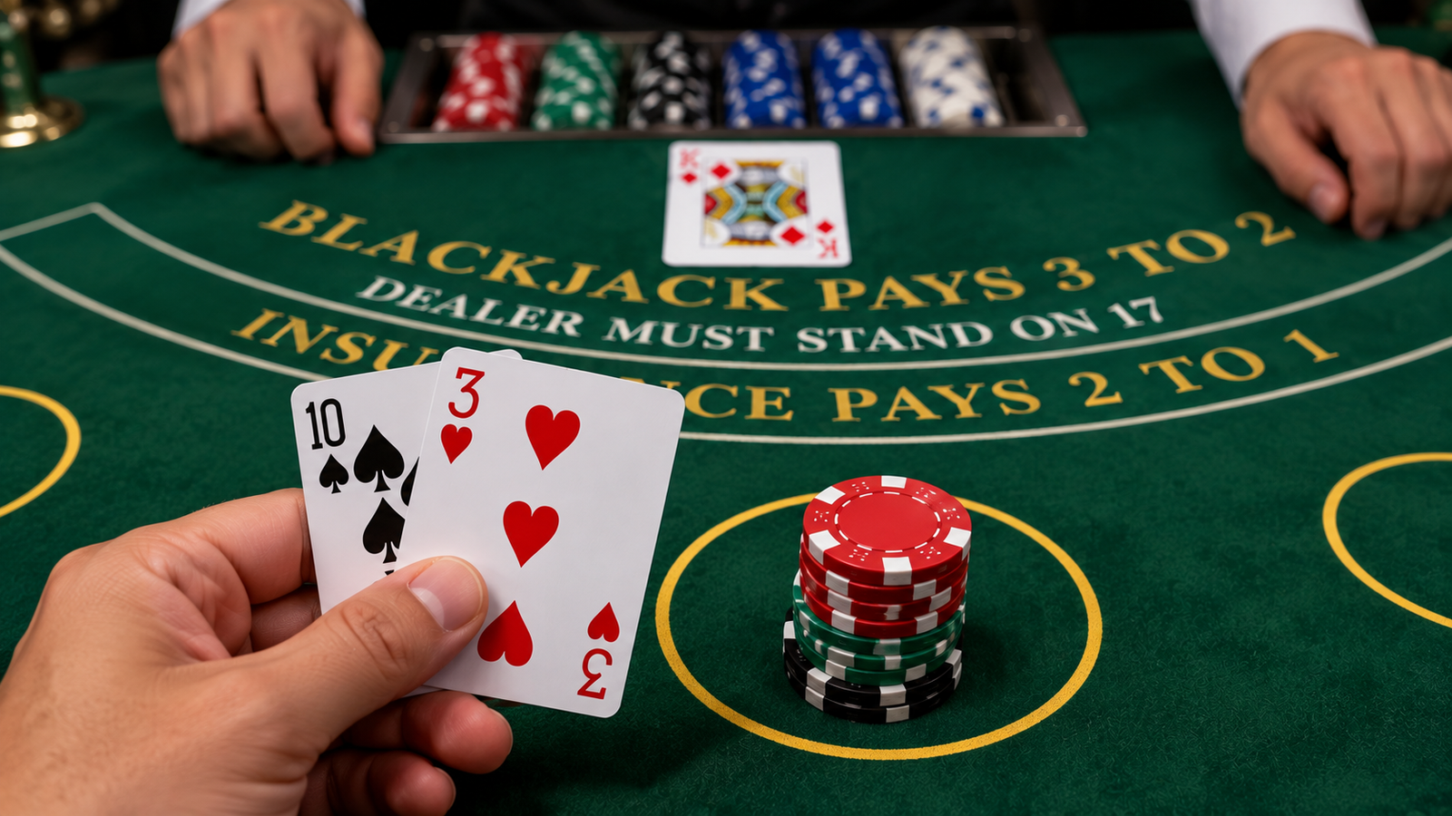 Blackjack table felt showing a player hard 13 hand facing a dealer upcard