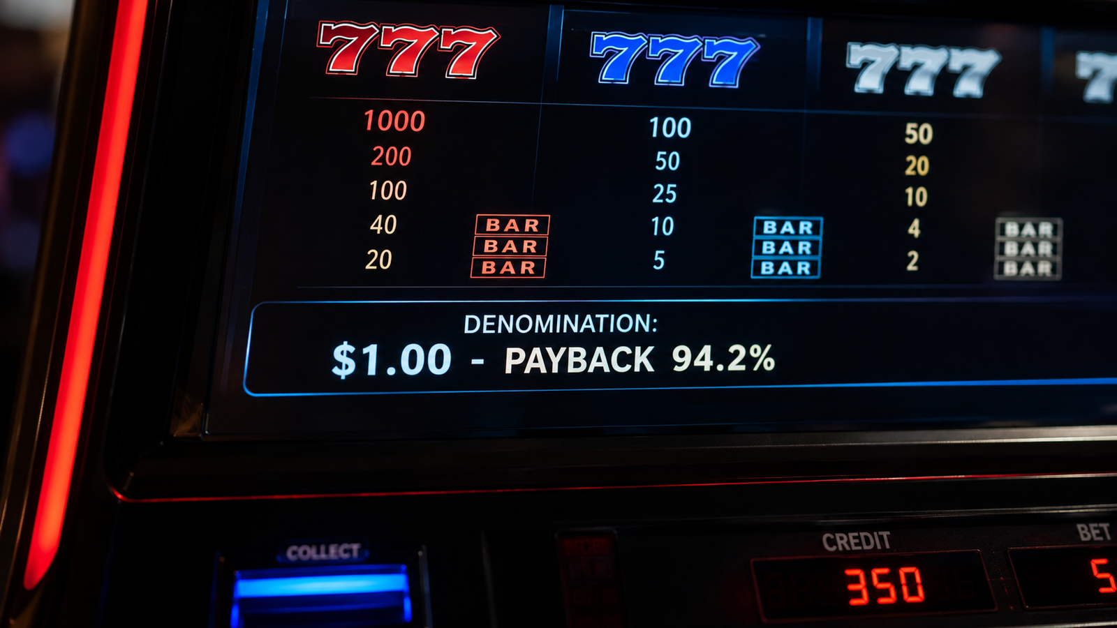 Close-up photograph of a slot machine denomination screen showing one cent versus five dollar options