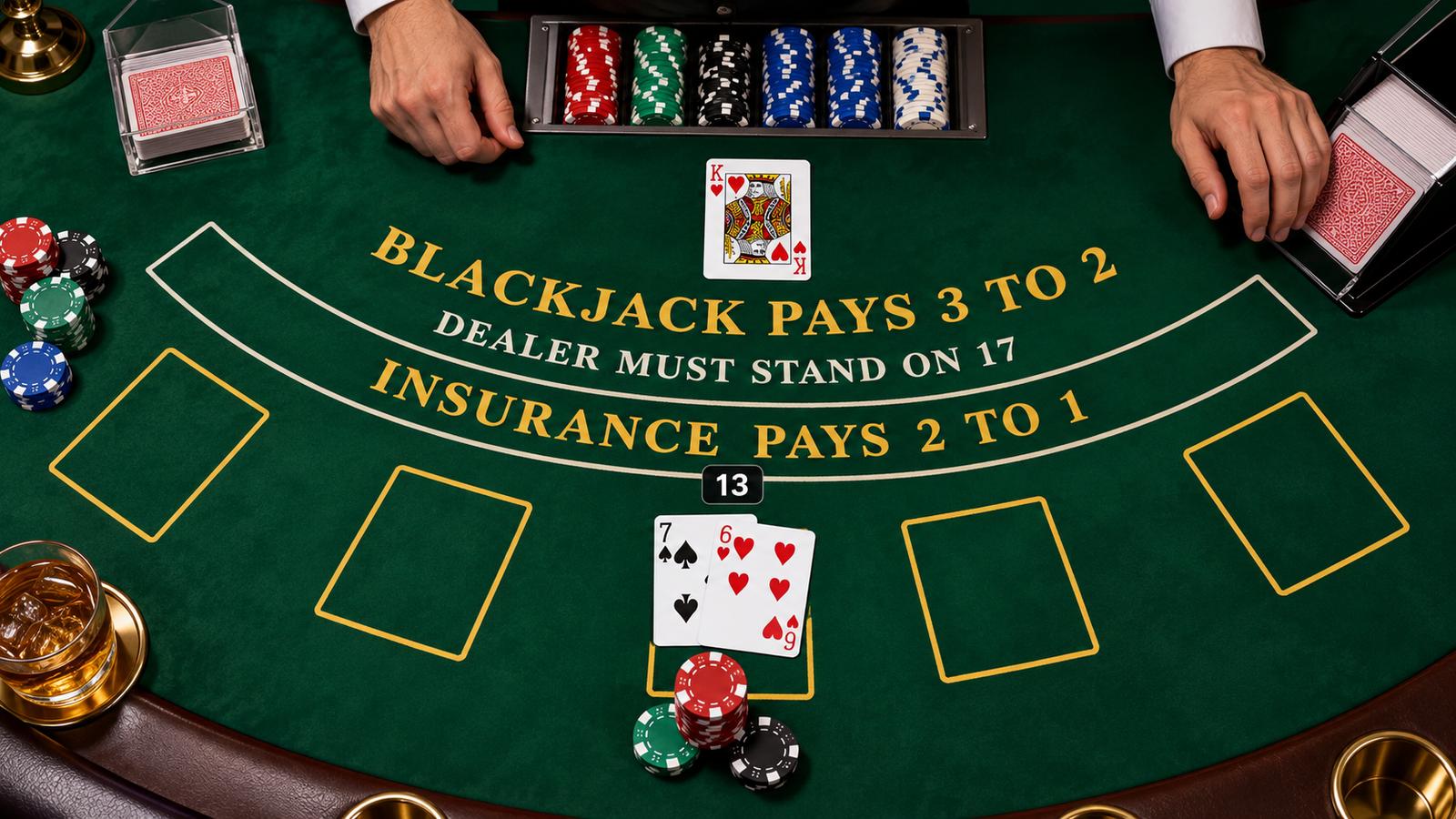 Blackjack table felt with cards totaling hard 13 facing dealer upcard