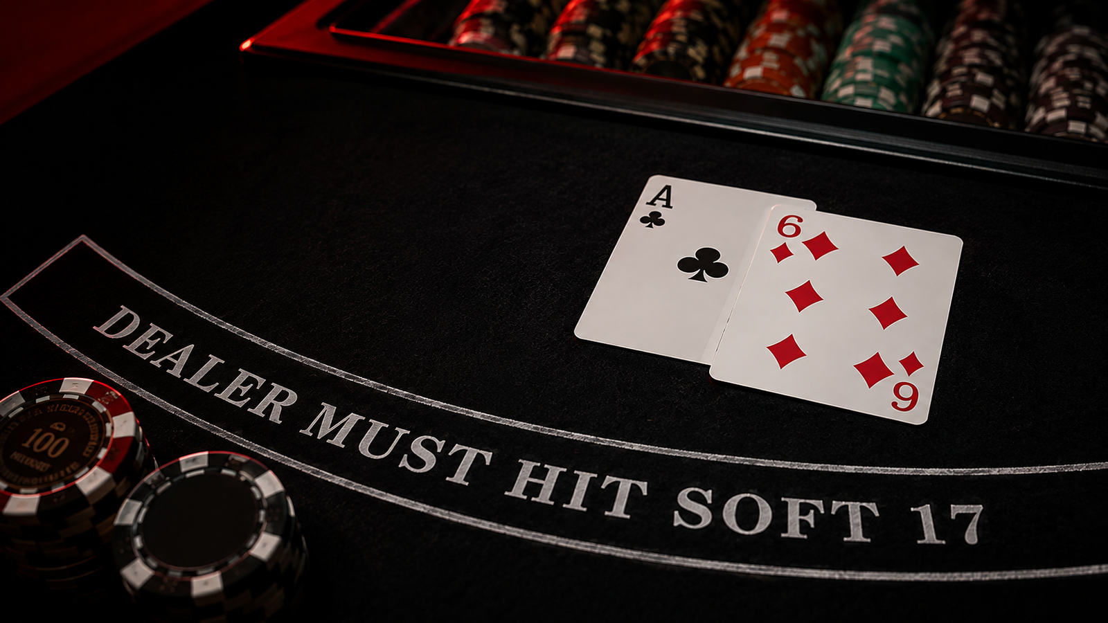 Close-up of casino blackjack table felt showing Dealer Must Hit Soft 17