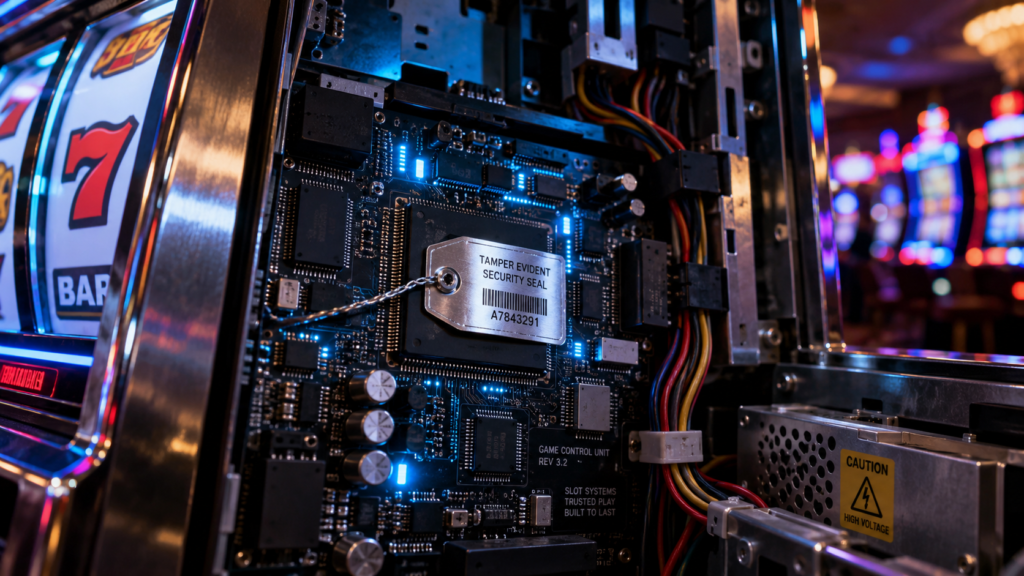 Close-up of a modern casino slot machine internal logic board with glowing circuits and security seal