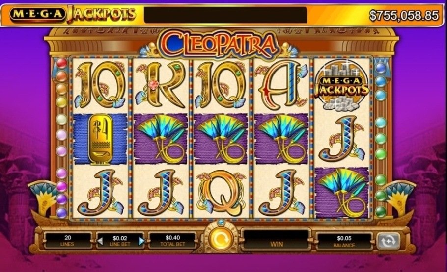 Cleopatra slot machine screen showing scatter symbols teasing a bonus feature