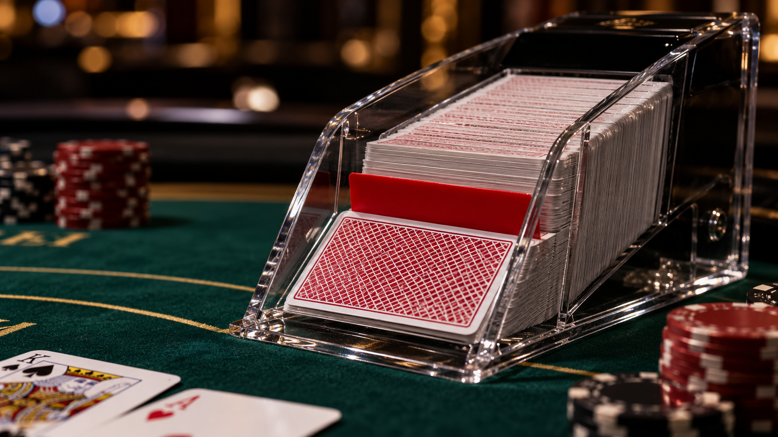 Blackjack 8-deck shoe showing cut card inserted at the 50 percent mark