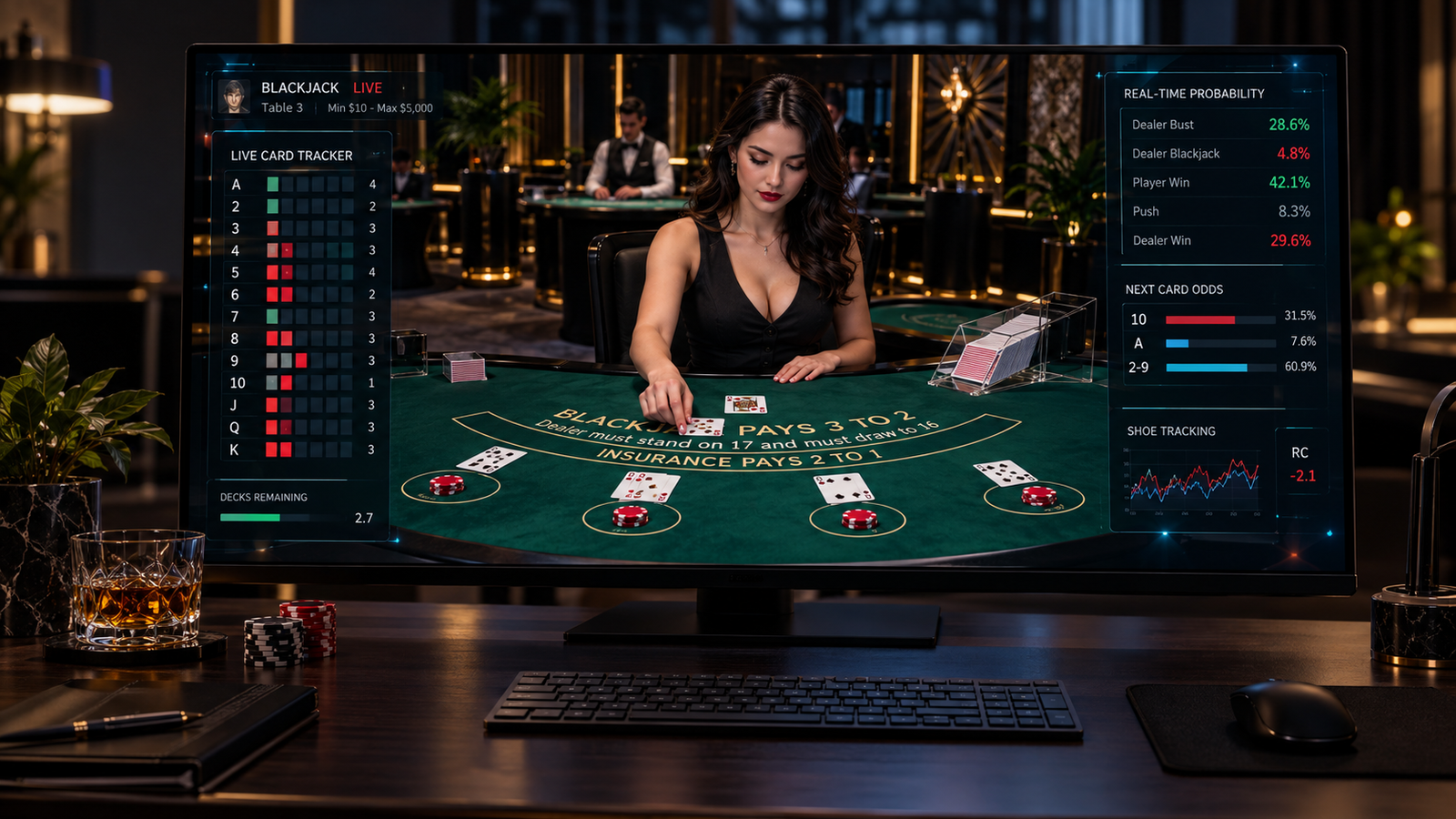 Live dealer blackjack studio game on screen illustrating card counting and shoe tracking