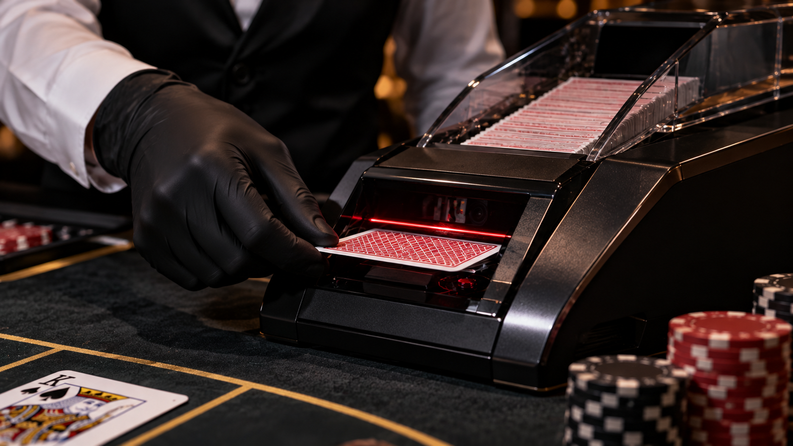 Close-up of a high-tech casino live dealer shoe with optical scanner reading playing card